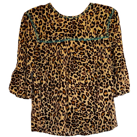 Layerz Clothing Boho top , leopard print with turquoise embroidery, size M - Picture 2 of 7